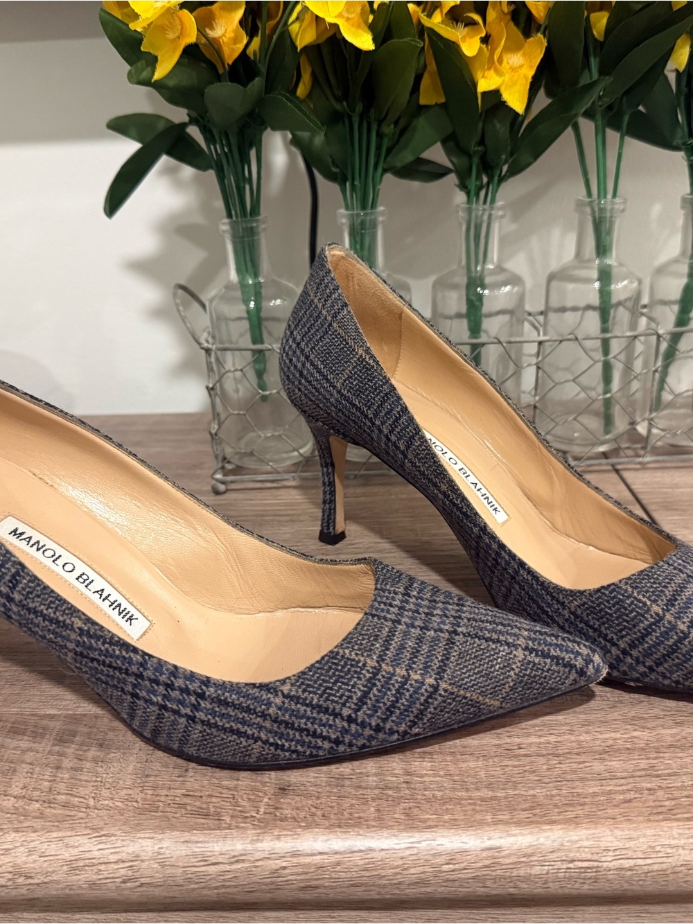 Manolo Blahnik Navy and Gray Plaid Pointed-Toe Pumps